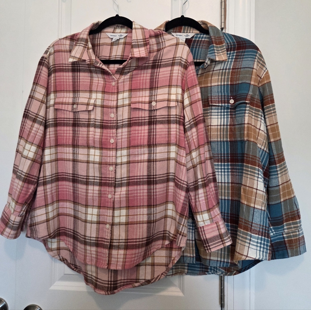 Set Of Two: Old Navy Pink and Tan Plaid Shirt
